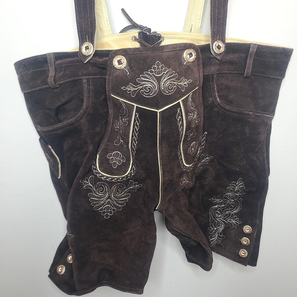 Vtg Bavarian Lederhosen Shorts Brown Suede Embroidered Trachten Oktoberfest 58